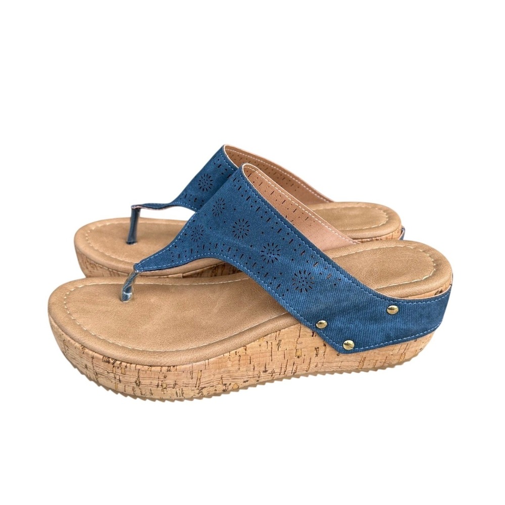 Denim Style Platform Wedge Sandals Cork Sole Size 40